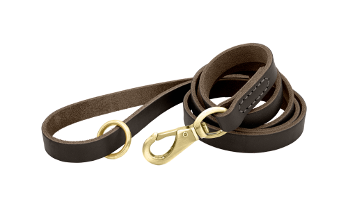 Correa de cuero genuino marrón para perros, 150 cm de largo, cómoda, con gancho y anilla dorados para durabilidad.