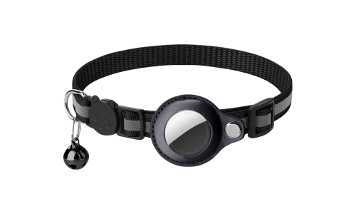 Collar de gato negro reflectante con soporte para AirTag, ajustable y ligero para comodidad, con campana negra.