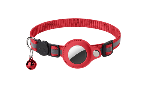 Collar de gato rojo reflectante con soporte para AirTag, ajustable y ligero para comodidad, con campana roja.
