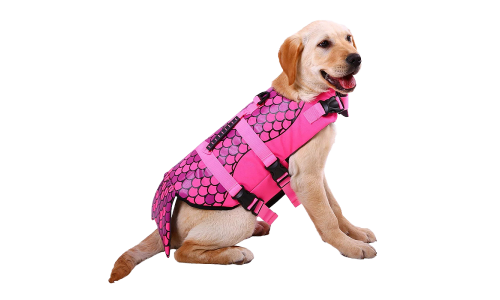 Chaleco salvavidas para perro con tema de sirena, en rosa con patrón de escamas, para flotación, adecuado para perros.