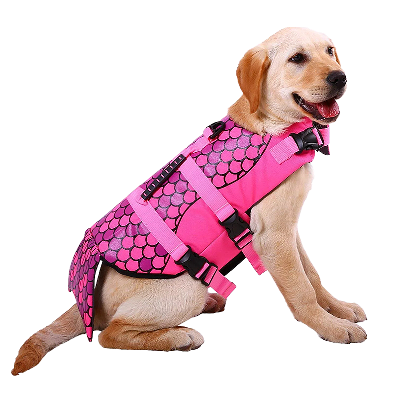 Chaleco Salvavidas Para Perros de Sirenita Chaleco salvavidas para perro con tema de sirena, en rosa con patrón de escamas, para flotación, adecuado para perros.