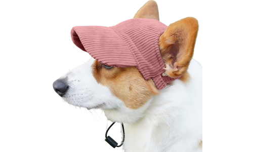 Corgi con sombrero deportivo de perro rosa claro de punto transpirable, ligero, para proteger del sol.
