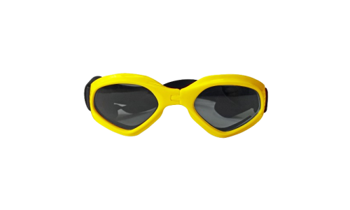 Gafas de sol amarillas para perros con protección UV, lentes oscuras para seguridad ocular y estilo. Ideales para exteriores.