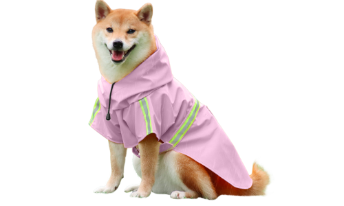 Shiba Inu con impermeable rosa con tiras reflectantes, fácil de poner y quitar, ideal para paseos bajo la lluvia.