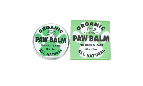 Lata verde y blanca con bálsamo orgánico y natural para patas de perros y gatos, 60g, para calmar y proteger.
