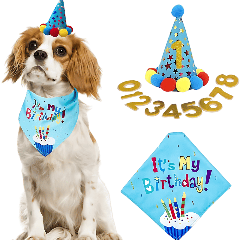 Kit de Bandana de Cumpleaños para Perro Set de cumpleaños para perro azul con bandana colorida '¡Es mi cumpleaños!', suave y duradero.