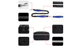 Correa manos Libres para Perros con Cinturón Ajustable y Bolsa Extraíble Correa manos libres azul para perro con características clave: costuras reflectantes, cinturón ajustable, bolsa.