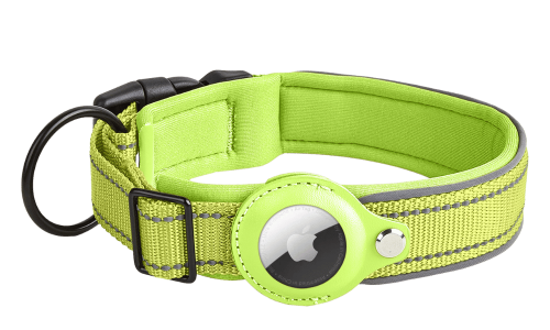 Collar reflectante verde con soporte para Airtag, ajustable, nylon ligero, para seguimiento y visibilidad del perro.
