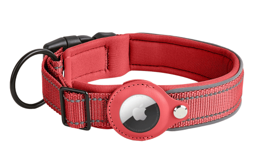 Collar reflectante rojo con soporte para Airtag, ajustable, nylon ligero, para seguimiento y visibilidad del perro.
