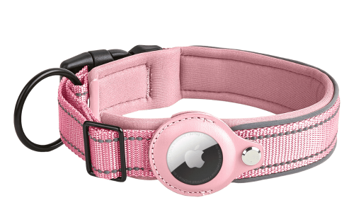 Collar reflectante rosa claro con soporte para Airtag, ajustable, nylon ligero, para seguimiento y visibilidad del perro.