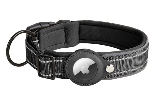 Collar reflectante negro con soporte para Airtag, ajustable, nylon ligero, para seguimiento y visibilidad del perro.