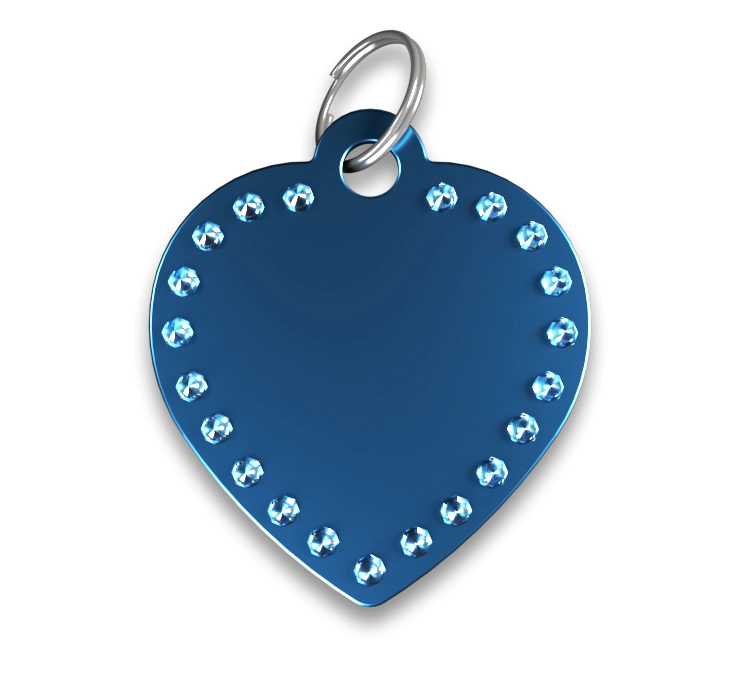 Chapa para Perro Grabada forma Corazón de Lujo Chapa para perros de lujo azul con forma de corazón, brillantes y anilla plateada, personalizable con el nombre del perro.