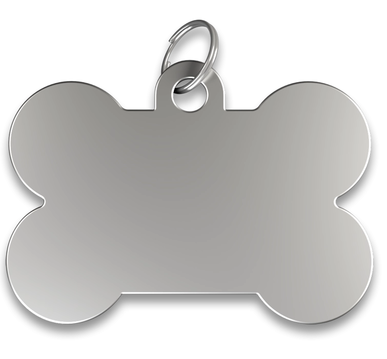 Chapa para Perro Grabada forma Hueso Chapa para perros en forma de hueso plateado, acabado liso y anilla plateada, personalizable con el nombre grabado del perro.