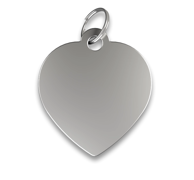 Chapa para Perro Grabada forma Corazón Chapa para perros en forma de corazón plateado, acabado liso y con anilla, personalizable con el nombre grabado del perro.