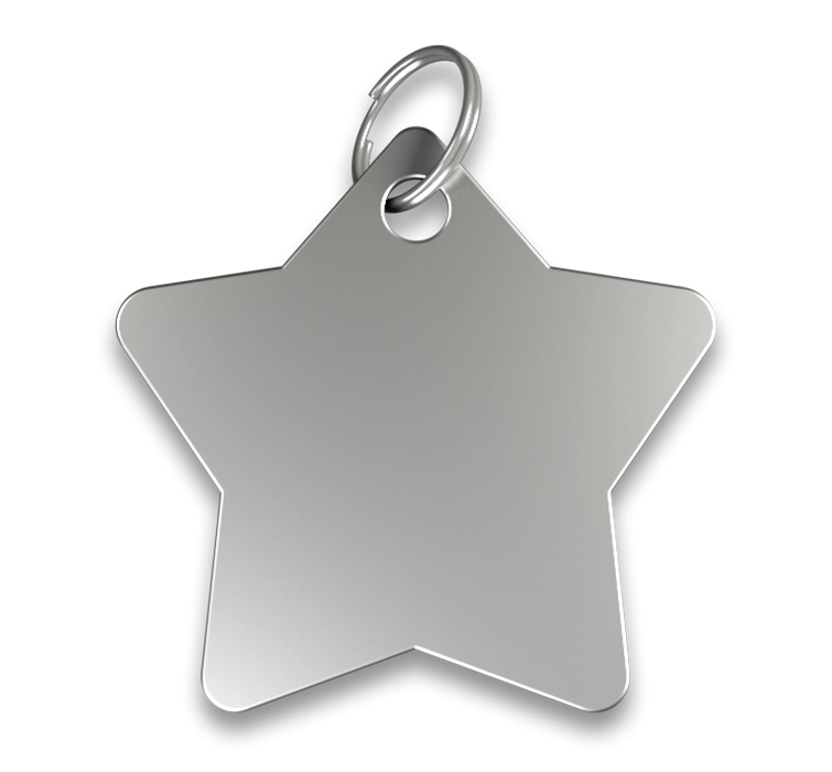 Chapa para Perro Grabada forma Estrella Chapa para perros en forma de estrella plateada, acabado liso y con anilla, personalizable con el nombre grabado del perro.