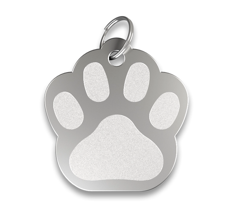 Chapa para Perro Grabada forma Pata Chapa para perros en forma de huella plateada, acabado liso y con anilla, personalizable con el nombre grabado del perro.