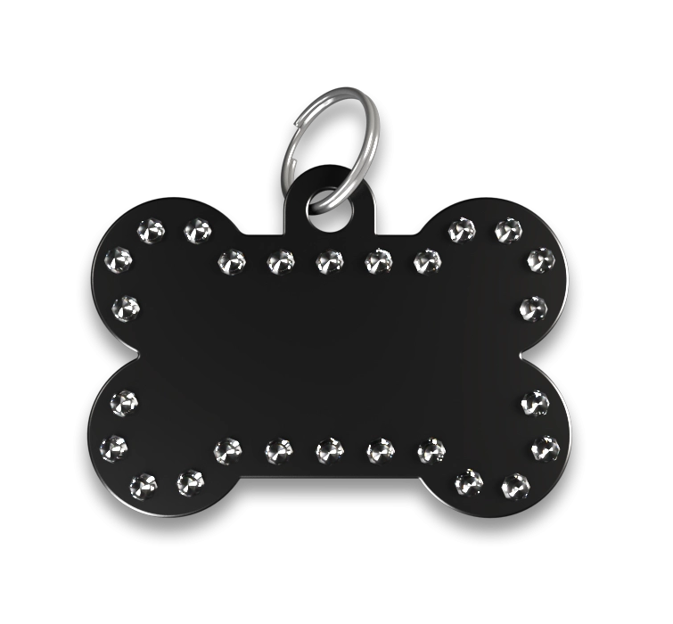 Chapa para Perro Grabada forma Hueso de Lujo Chapa para perros de lujo en forma de hueso negro, con brillantes y anilla, personalizable con el nombre grabado del perro.