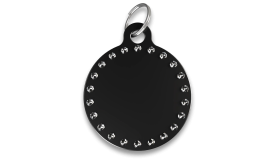Chapa para perros de lujo negra con forma de C, brillantes y anilla plateada, personalizable con el nombre grabado del perro.