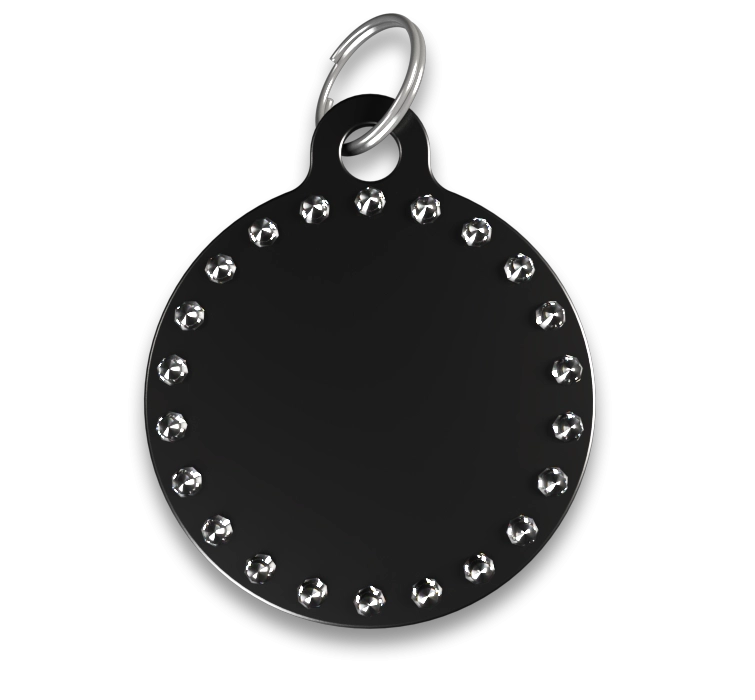 Chapa para Perro Grabada forma Redonda-C Chapa para perros de lujo negra con forma de C, brillantes y anilla plateada, personalizable con el nombre grabado del perro.