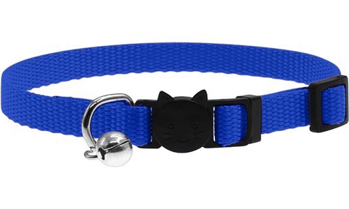 Collar Breakaway Nylon para Gato Collar ajustable azul para gatos, ligero, con hebilla de seguridad con diseño de gato y un pequeño cascabel plateado.