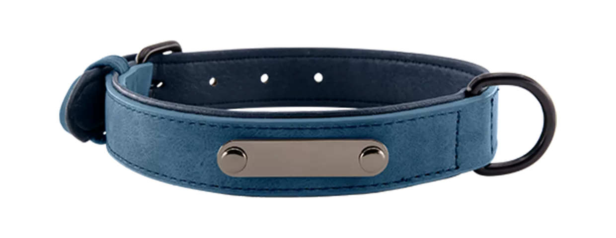 Collar de perro grabado en terciopelo de lujo Collar de terciopelo azul para perros con placa de ID para grabar el nombre, 35 - 37cm de largo, con anilla en D.