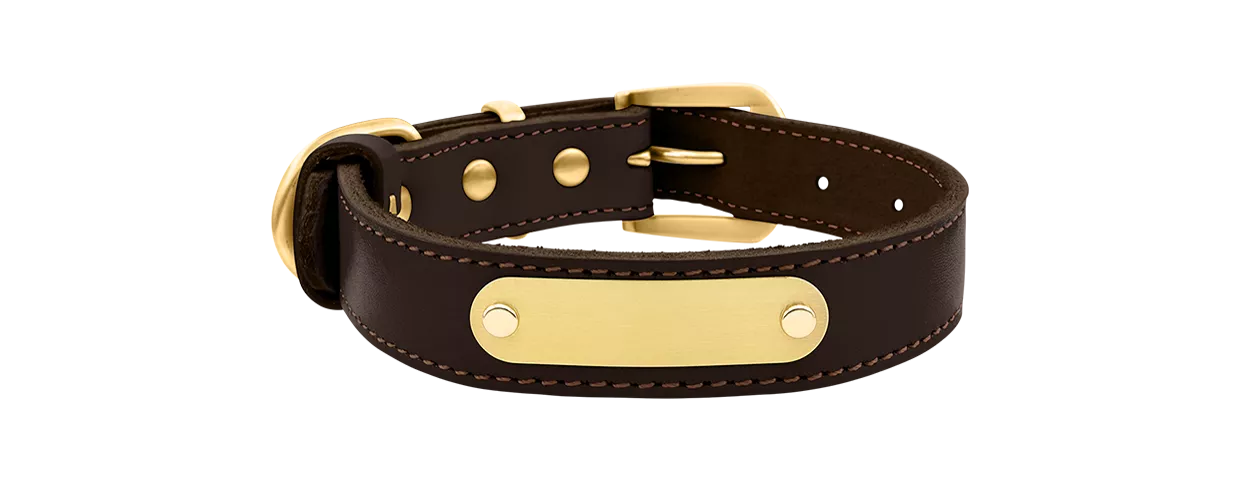 Collar de Perro de Lujo de Cuero Genuino Grabado Collar de cuero genuino de lujo para perros en marrón con placa de ID dorada para grabar el nombre, 47-51 cm de largo.