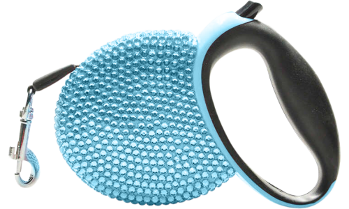Correa extensible azul de lujo para perros, con brillantes azules y asa negra, se extiende hasta 3 metros.