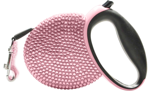 Correa extensible rosa de lujo para perros, con brillantes azules y asa negra, se extiende hasta 3 metros.