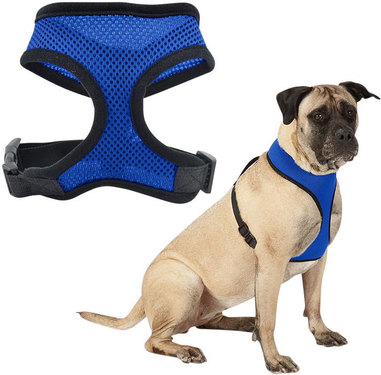 Arnés para Perro Arnés azul de malla para perros, ligero y cómodo, con correas ajustables negras y cierre resistente.