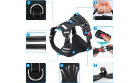 Arnés Antitirones para Perro Vista detallada de arnés antitirones, talla pequeña, con hebillas duraderas, costuras reflectantes y malla transpirable.