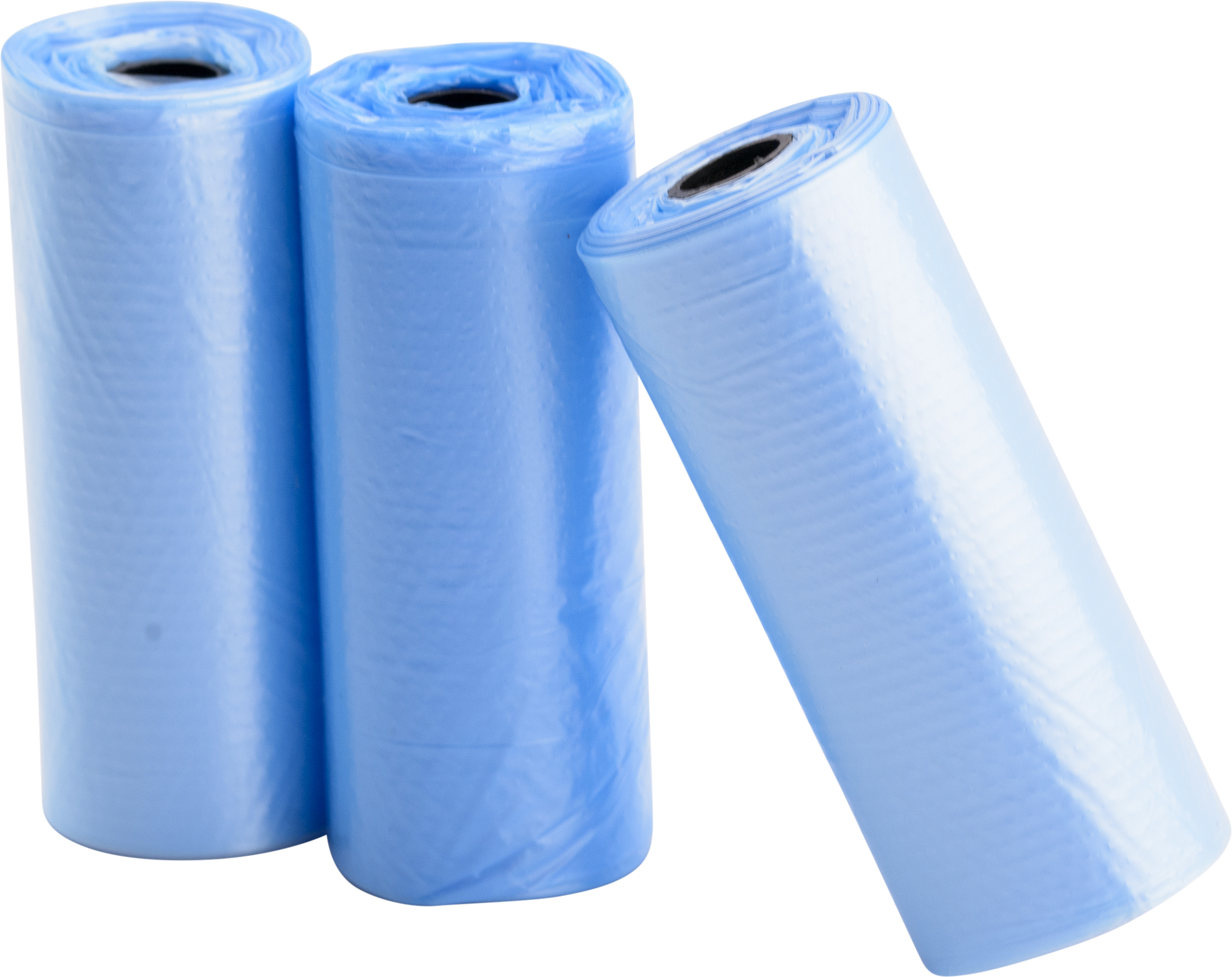Bolsitas Caca Perro Tres rollos de 15 bolsas azules para perros, resistentes e impermeables, ideales para recoger desechos en paseos.