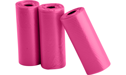 Tres rollos de 15 bolsas rosas para perros, resistentes e impermeables, ideales para recoger desechos en paseos.