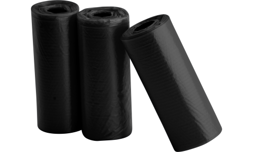 Tres rollos de 15 bolsas negras para perros, resistentes e impermeables, ideales para recoger desechos en paseos.