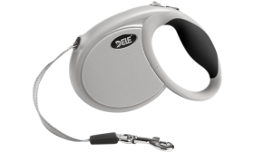 Correa Perro Extensible Correa extensible gris para perros con mango negro ergonómico y suave, con clip metálico para un ajuste seguro.