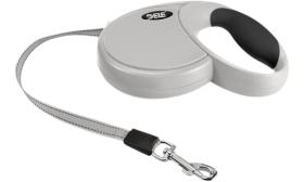 Correa Perro Extensible Correa extensible gris para perros con mango negro ergonómico y agarre suave y cómodo.