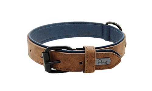 Collar marrón de terciopelo de lujo, 35-37cm de largo y 1.7cm de ancho, con hebilla negra y anilla en D para sujeción.