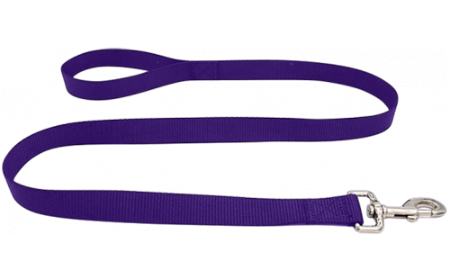 Correa morada de nylon para perros, 120cm, resistente, fácil de limpiar y segura con cierre plateado.