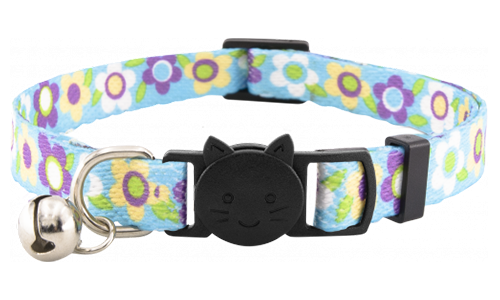 Collar azul para gatos con diseño floral y cascabel, ajustable, ligero, combina encanto y seguridad.