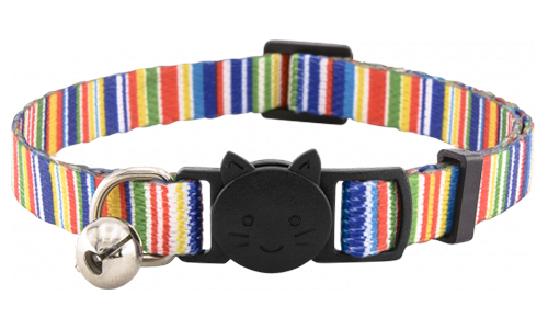 Collar rayado y colorido para gatos con cascabel, ajustable, ligero, diseñado para seguridad y estilo.
