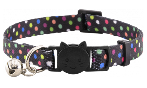 Collar Breakaway Gato con Divertido Estampado Collar negro para gatos con lunares y cascabel, ajustable, ligero, seguro y con estilo.