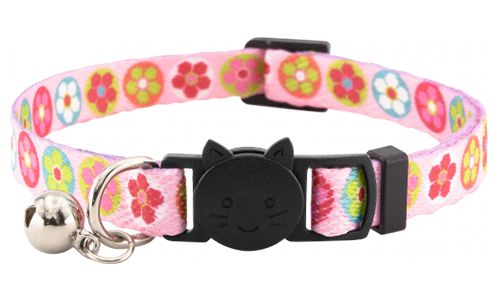 Collar rosa para gatos con diseño floral y cascabel, ajustable, ligero, combina encanto y seguridad.