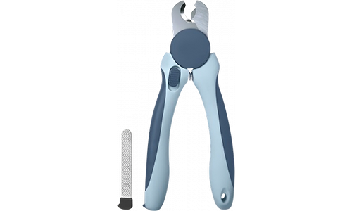 Cortaúñas azul para perros con mango ergonómico y protector de seguridad, incluye lima metálica, apto para perros y gatos.