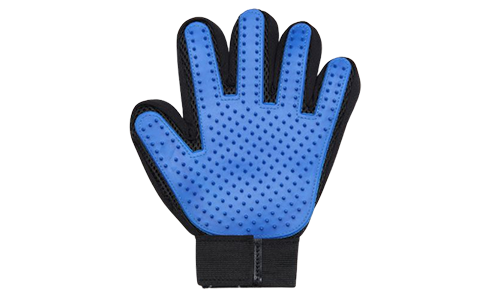 Guante azul para cepillar perros, con cinco dedos mejorados y puntas de goma, ajustable con correa.
