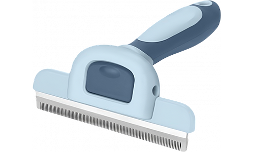 Cepillo azul para perros con dientes metálicos finos y mango ergonómico, ideal para eliminar pelo suelto y reducir muda.